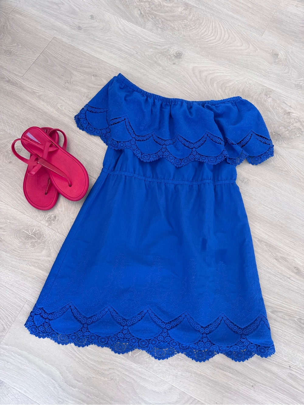 Kensie Strapless Ruffle Eyelet Dress in Cobalt